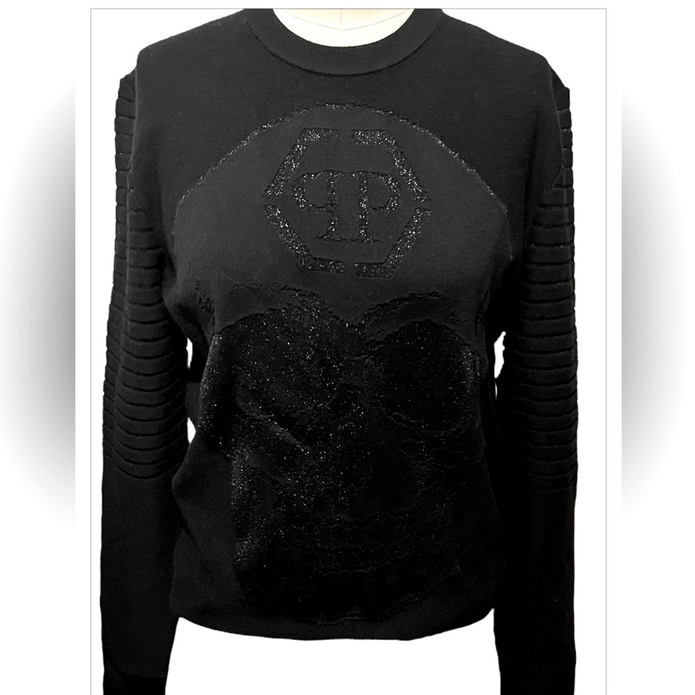 NWT Phillip Plein Black Round Neck LS Away Pullover  w/ Skull Design Sz X- Large